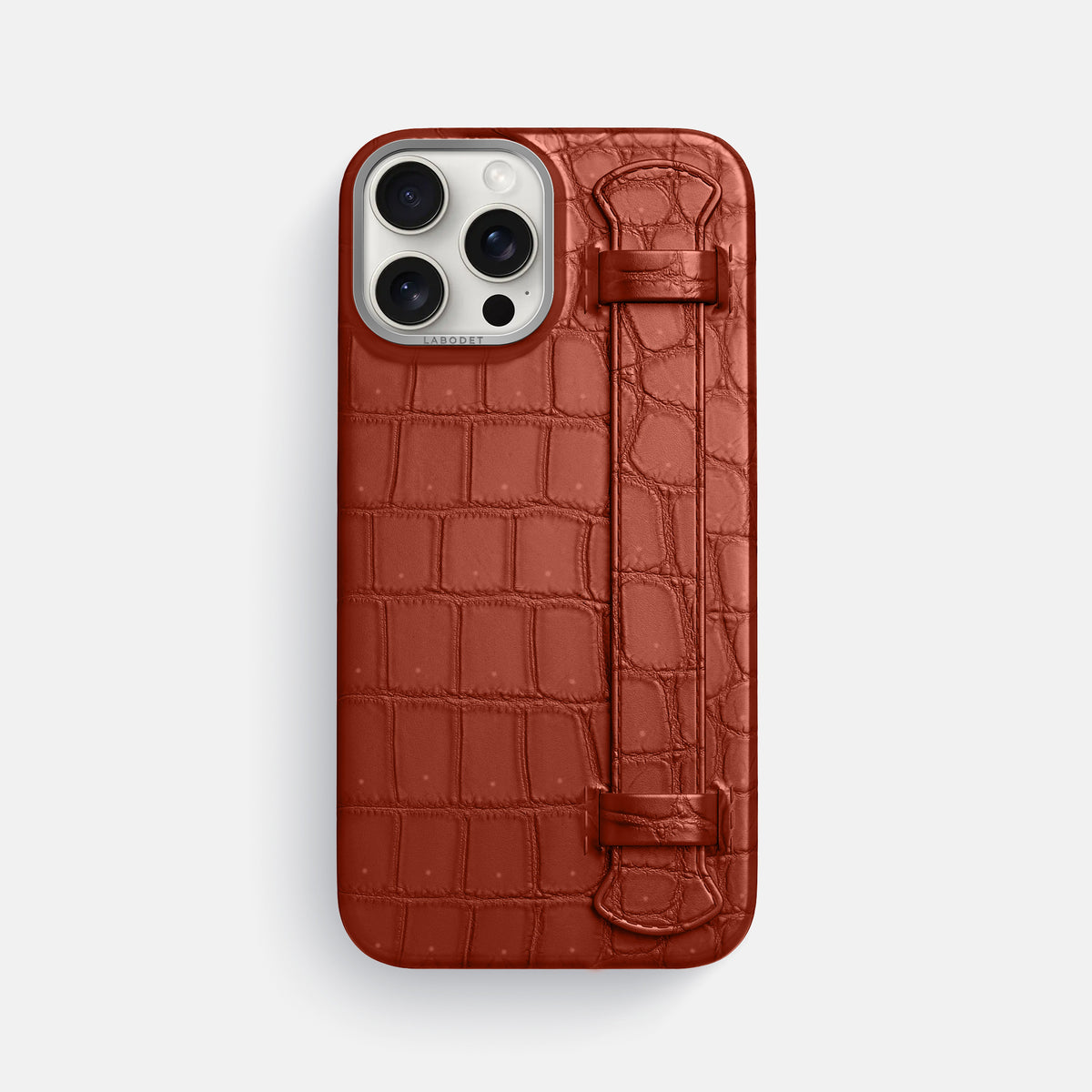 Mahogany-Brown iPhone 16 Pro Max Handle Case Porosus Crocodile with Steel Metal -1 | Mahogany-Brown-Steel
