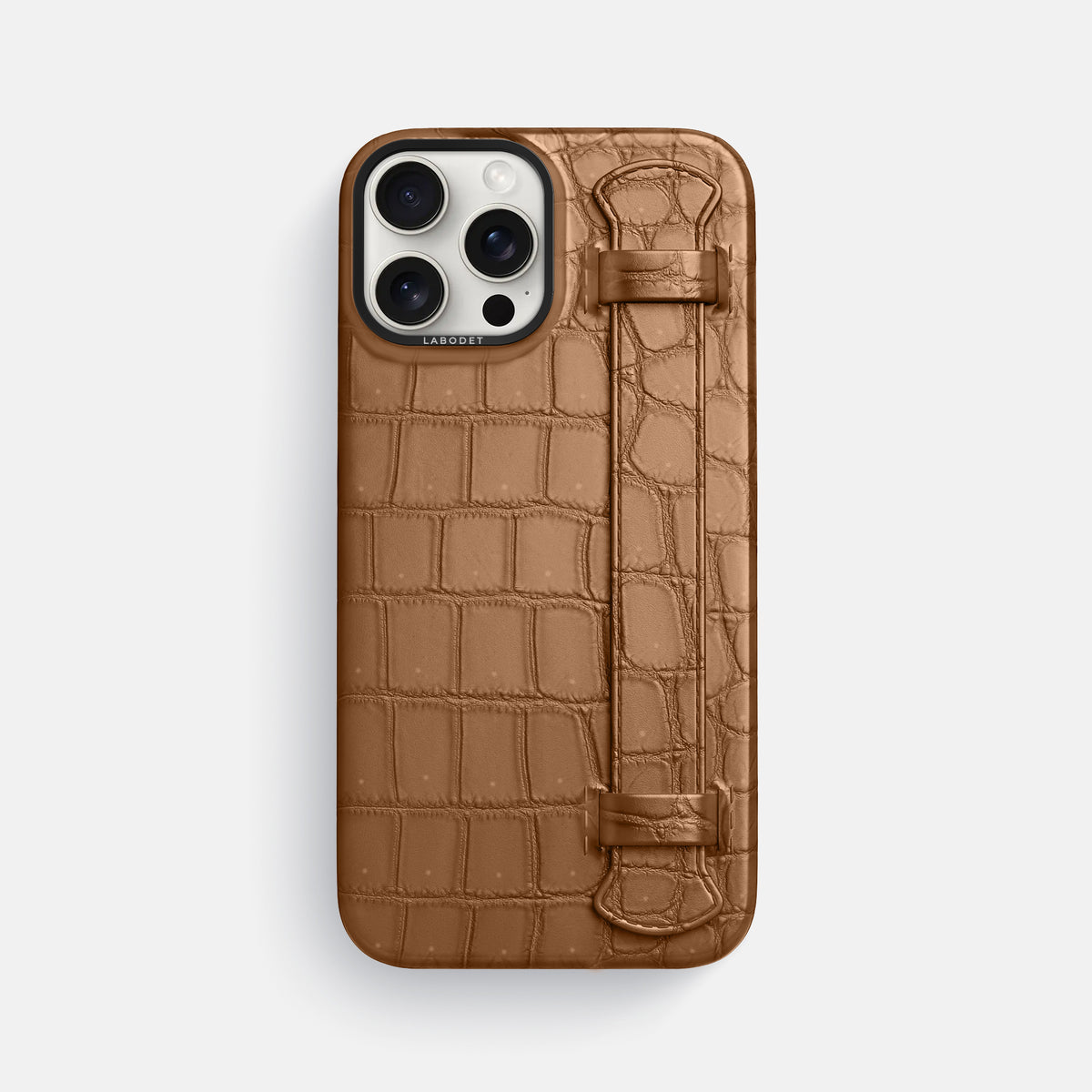 Milk-Chocolate iPhone 16 Pro Max Handle Case Porosus Crocodile with Black Metal -1 | Milk-Chocolate-Black