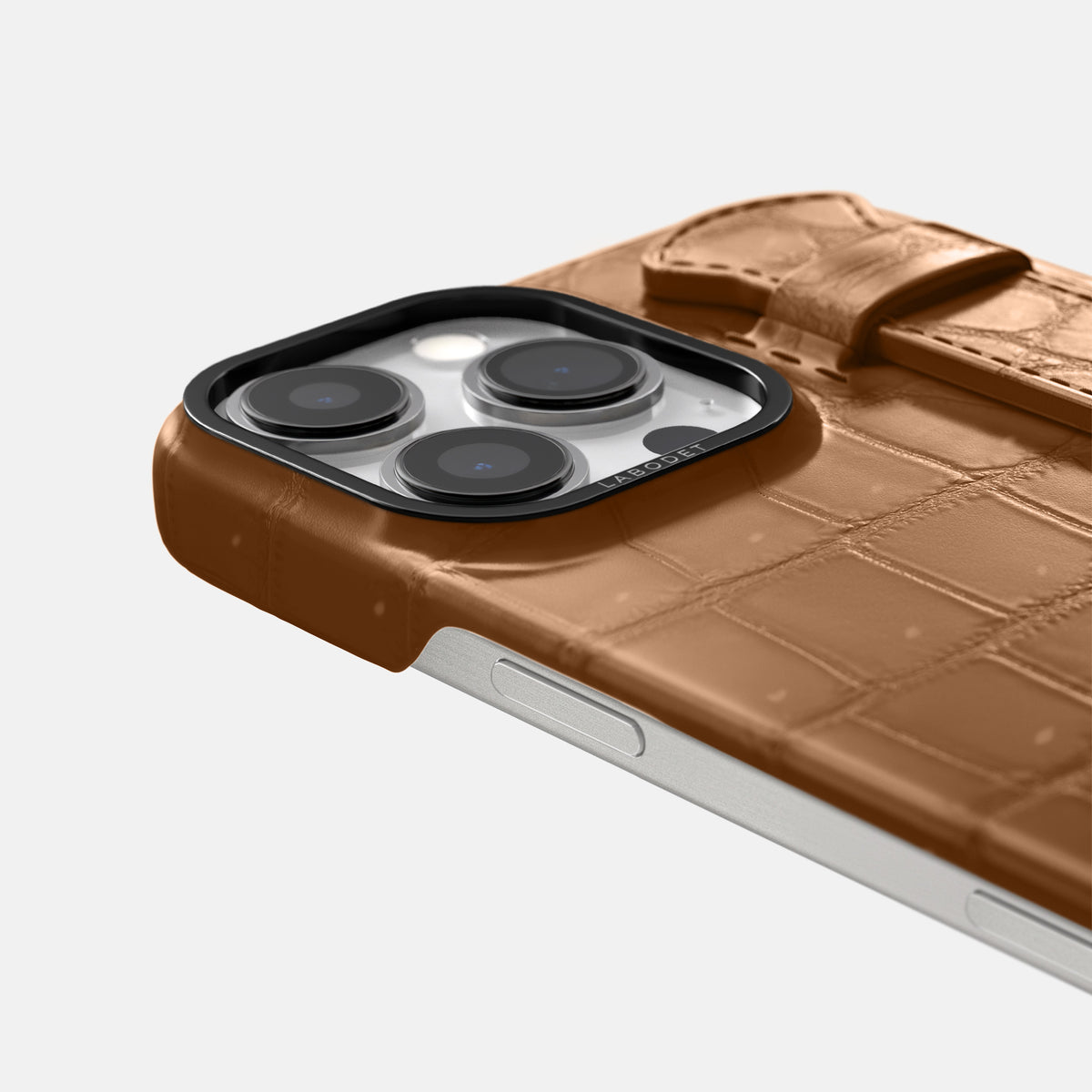 Milk-Chocolate iPhone 16 Pro Max Handle Case Porosus Crocodile with Black Metal -6 | Milk-Chocolate-Black