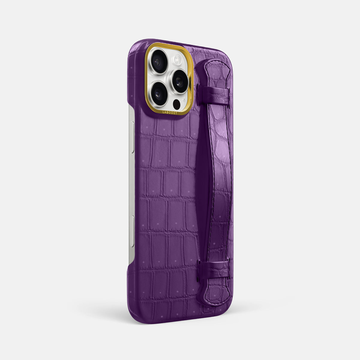 Purple iPhone 16 Pro Max Handle Case Porosus Crocodile with Gold Metal -2 | Purple-Gold