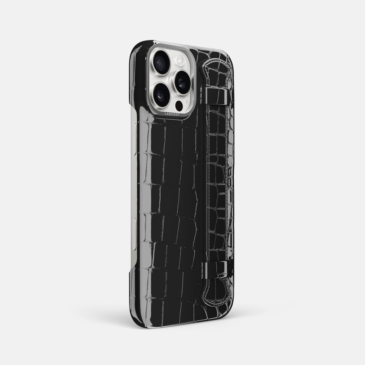 Black iPhone 16 Pro Max Handle Case Shiny Alligator with Steel Metal -2 | Black-Steel