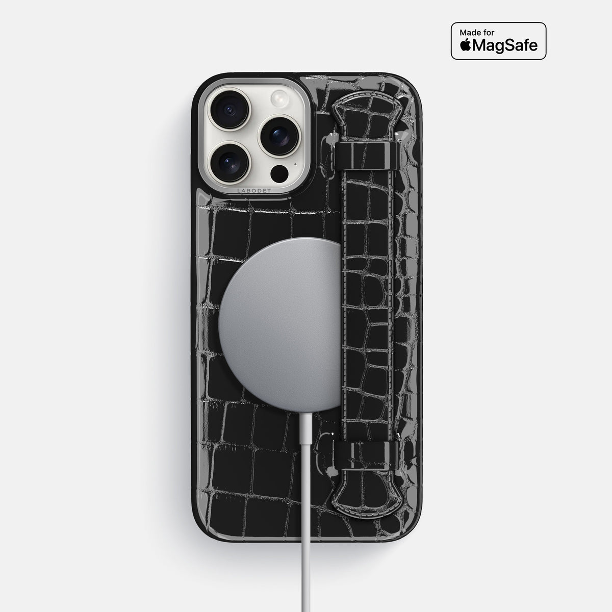 Black iPhone 16 Pro Max Handle Case Shiny Alligator with Steel Metal -5 | Black-Steel