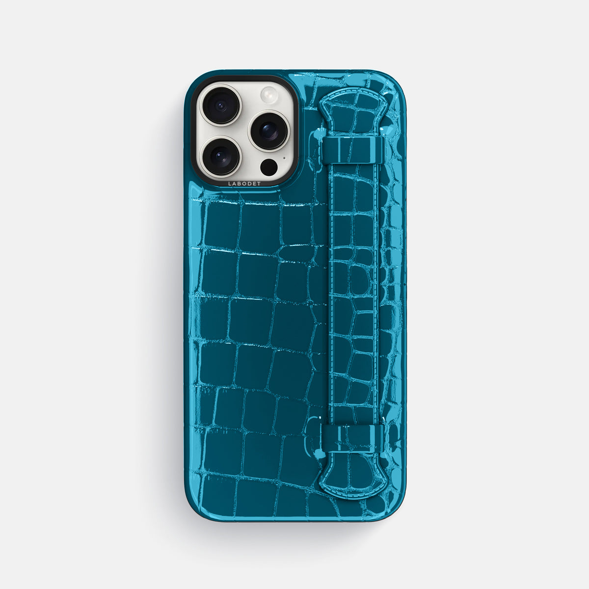 Blue iPhone 16 Pro Max Handle Case Shiny Alligator with Black Metal -1 | Blue-Black