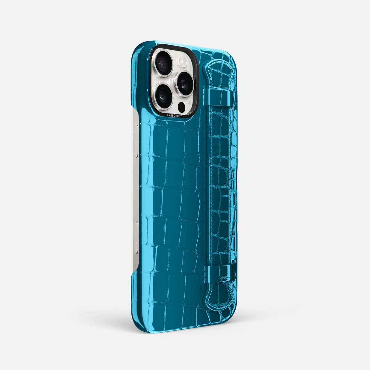 Blue iPhone 16 Pro Max Handle Case Shiny Alligator with Black Metal -2 | Blue-Black