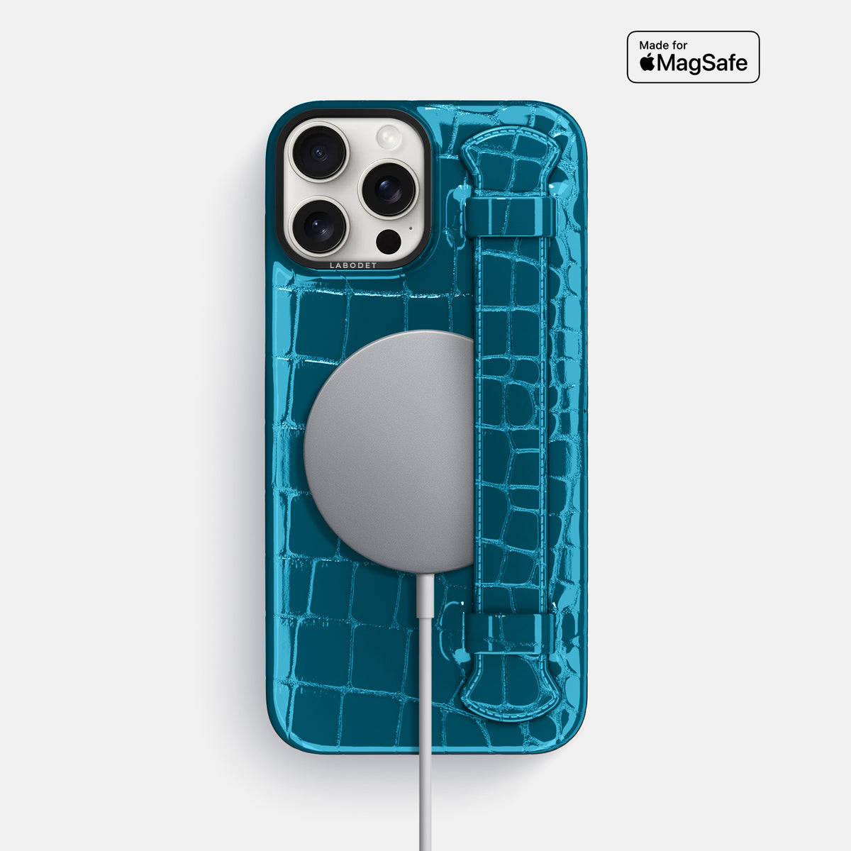 Blue iPhone 16 Pro Max Handle Case Shiny Alligator with Black Metal -5 | Blue-Black