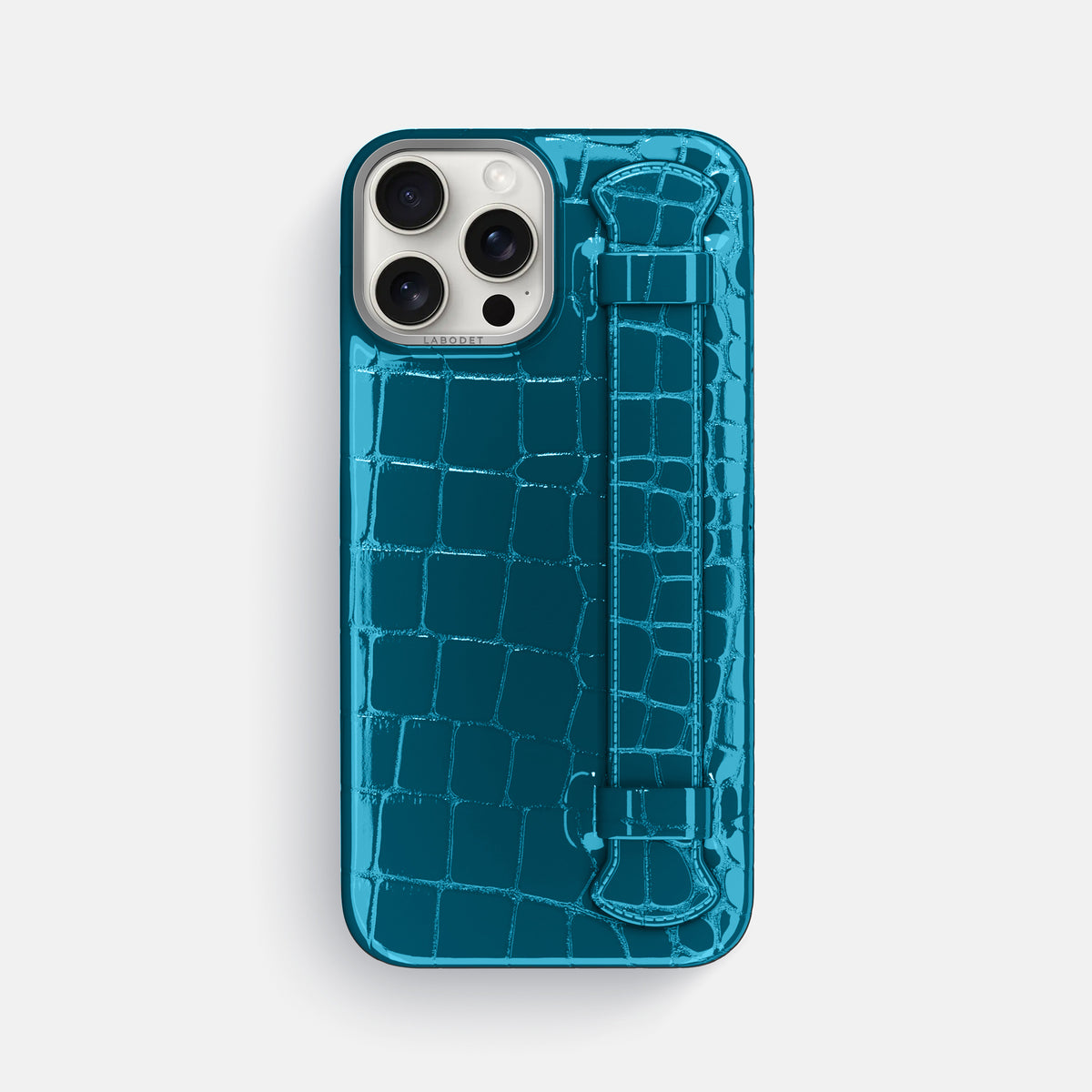 Blue iPhone 16 Pro Max Handle Case Shiny Alligator with Steel Metal -1 | Blue-Steel