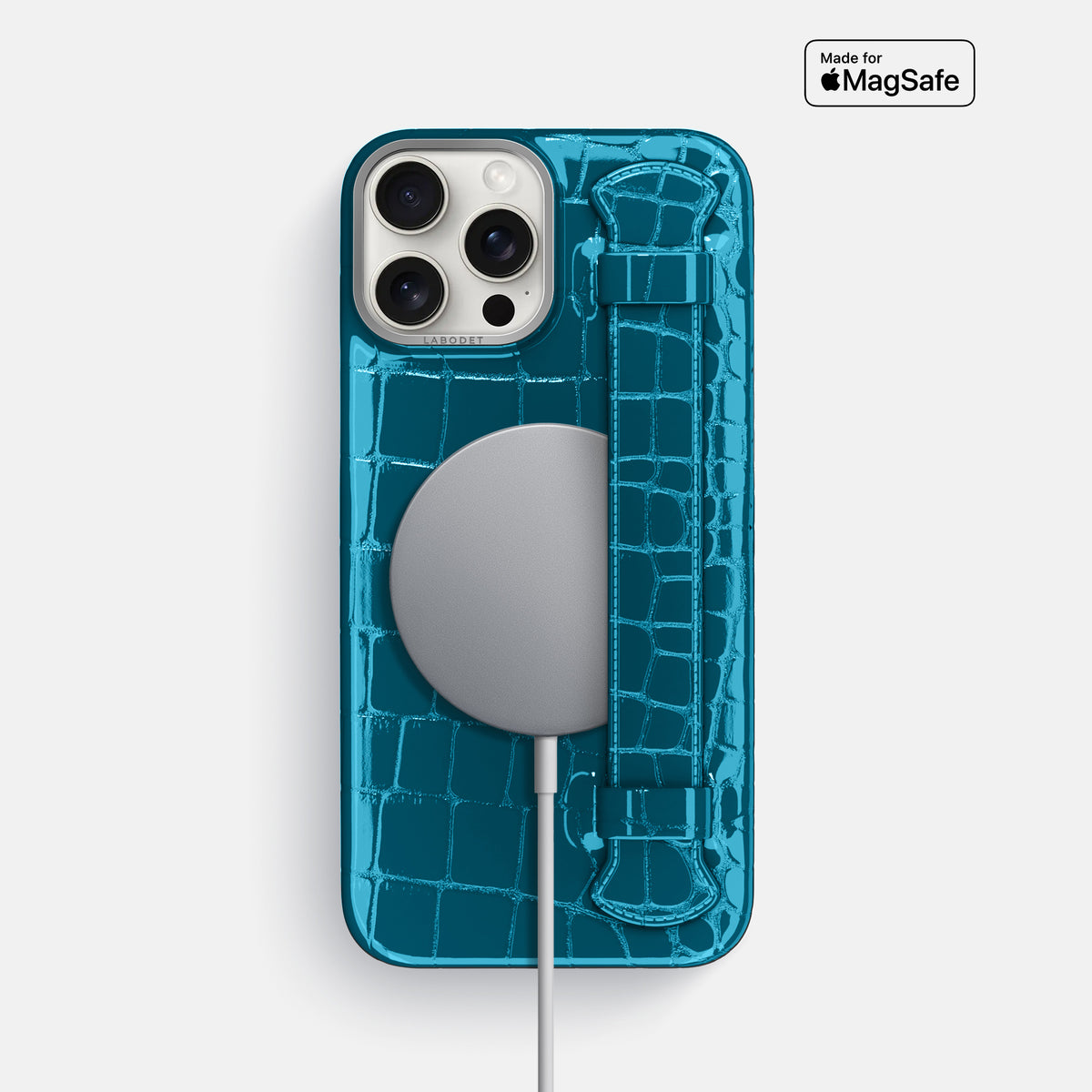 Blue iPhone 16 Pro Max Handle Case Shiny Alligator with Steel Metal -5 | Blue-Steel
