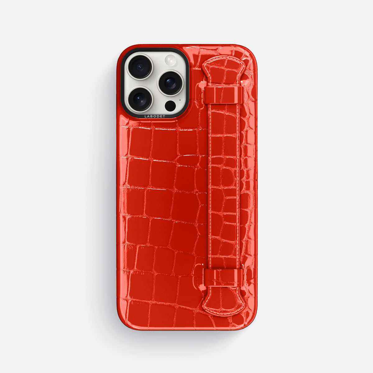 Coral-Orange iPhone 16 Pro Max Handle Case Shiny Alligator with Black Metal -1 | Coral-Orange-Black