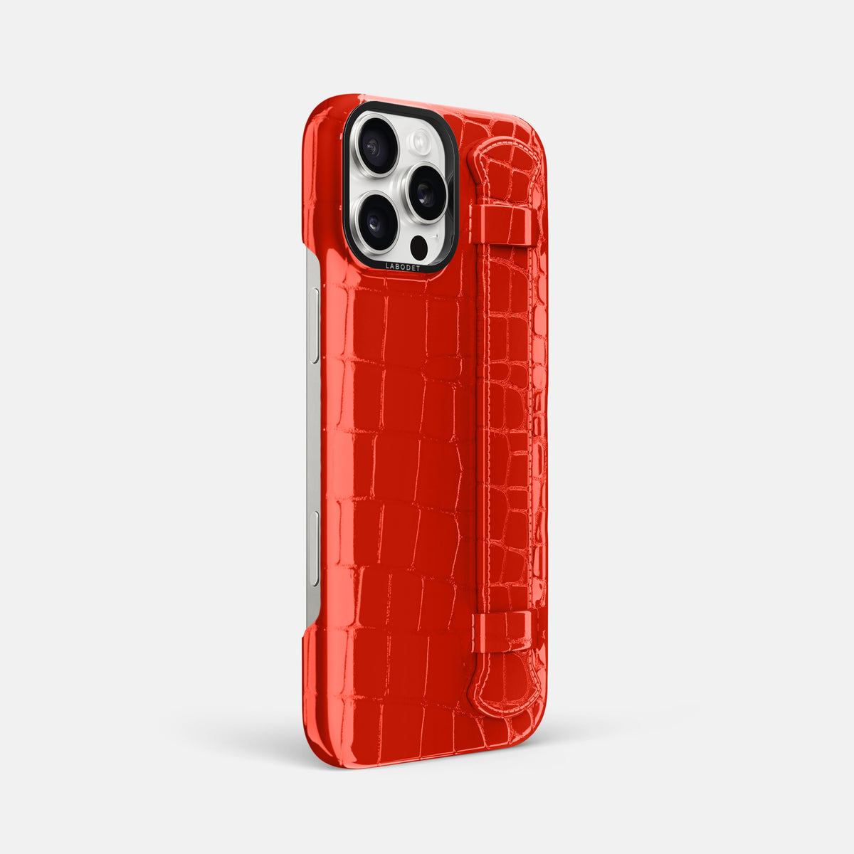 Coral-Orange iPhone 16 Pro Max Handle Case Shiny Alligator with Black Metal -2 | Coral-Orange-Black