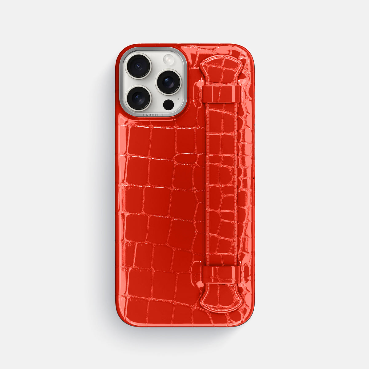 Coral-Orange iPhone 16 Pro Max Handle Case Shiny Alligator with Steel Metal -1 | Coral-Orange-Steel