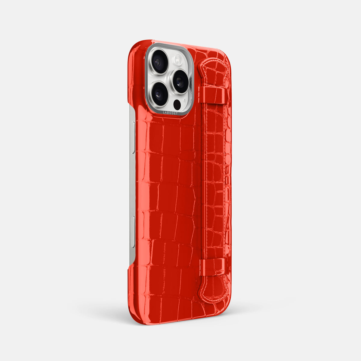 Coral-Orange iPhone 16 Pro Max Handle Case Shiny Alligator with Steel Metal -2 | Coral-Orange-Steel
