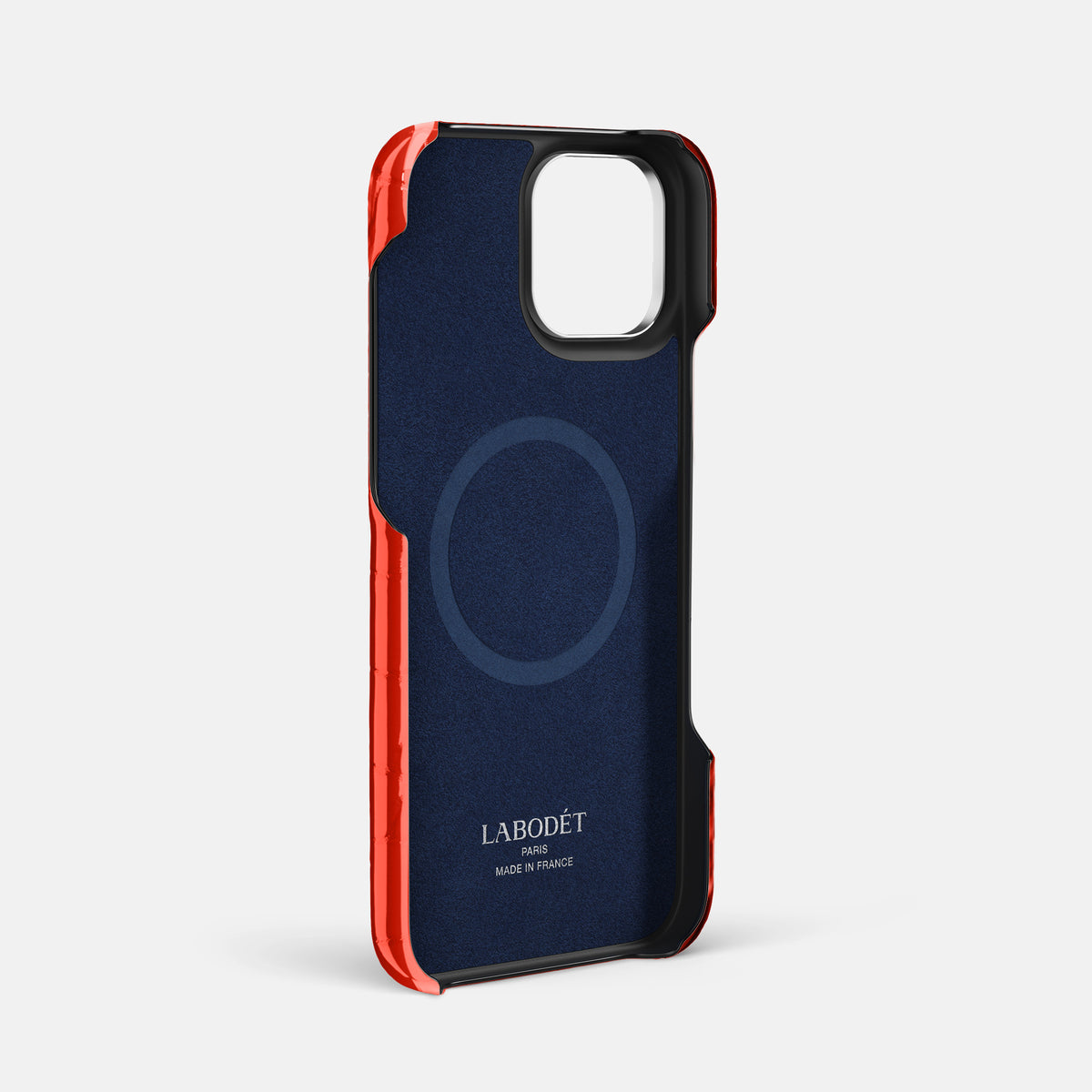 Coral-Orange iPhone 16 Pro Max Handle Case Shiny Alligator with Steel Metal -4 | Coral-Orange-Steel