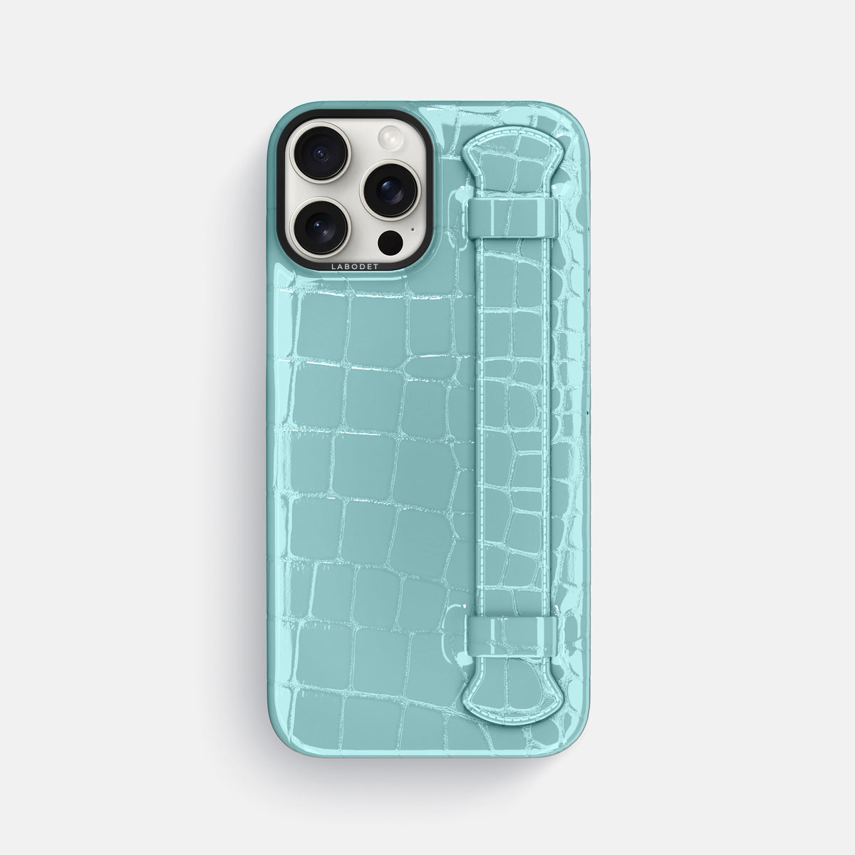 Light Blue iPhone 16 Pro Max Handle Case Shiny Alligator with Black Metal -1 | Light-Blue-Black