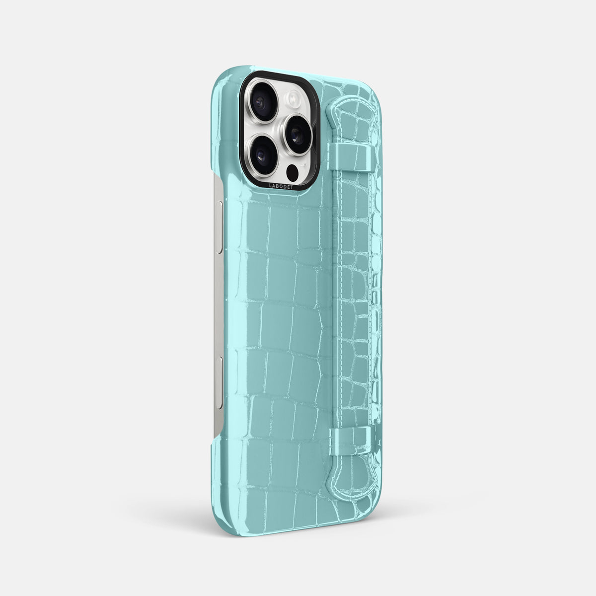 Light Blue iPhone 16 Pro Max Handle Case Shiny Alligator with Black Metal -2 | Light-Blue-Black
