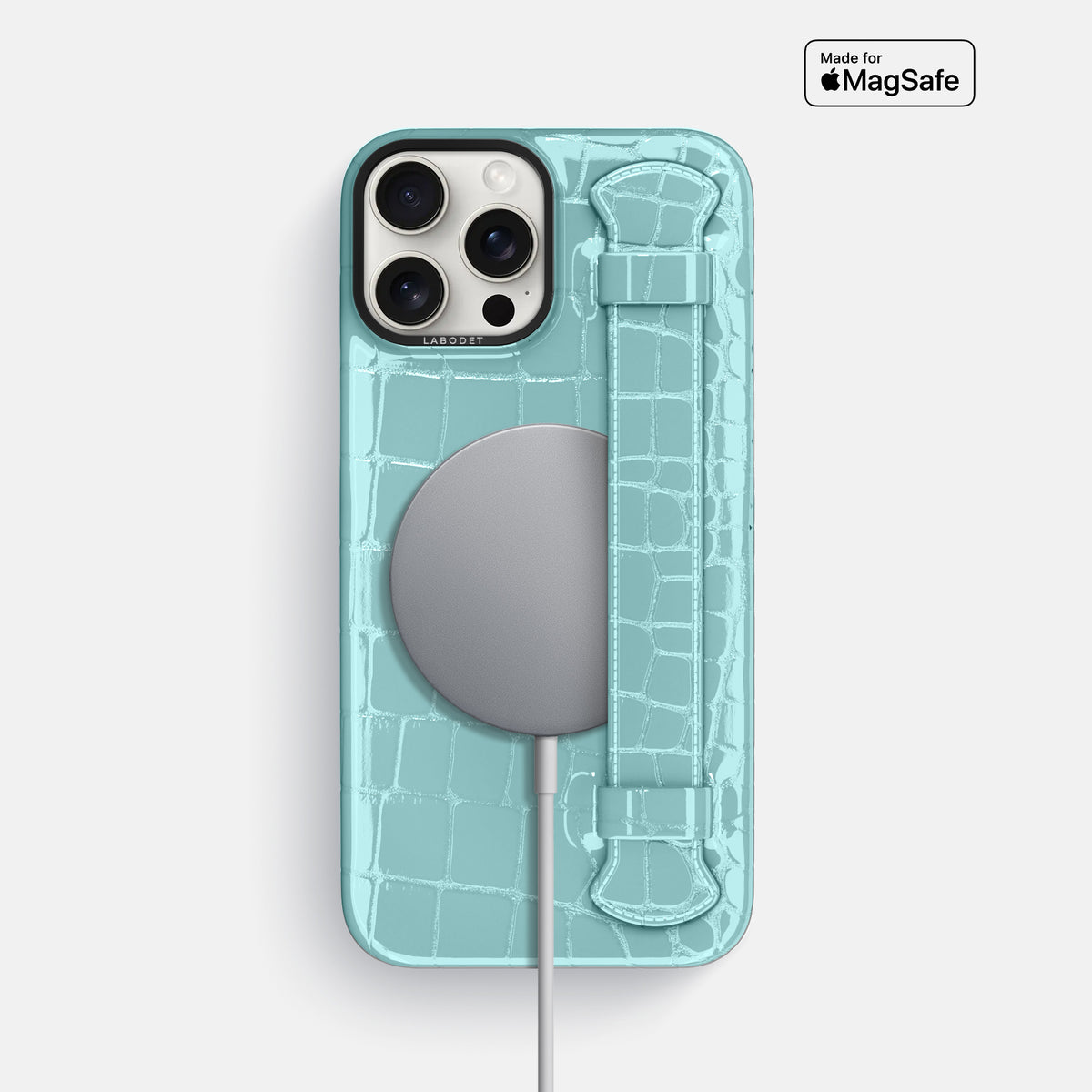 Light Blue iPhone 16 Pro Max Handle Case Shiny Alligator with Black Metal -5 | Light-Blue-Black