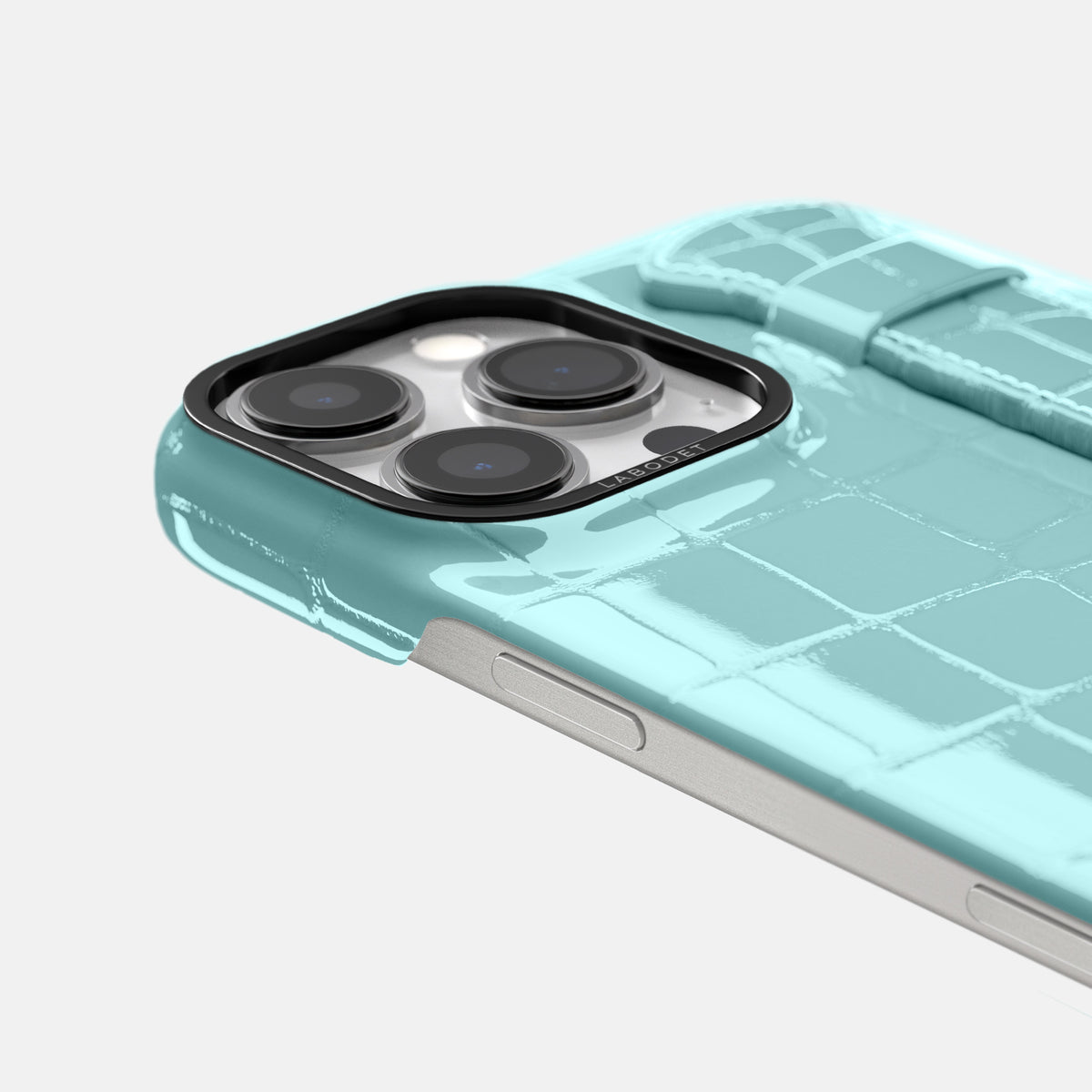 Light Blue iPhone 16 Pro Max Handle Case Shiny Alligator with Black Metal -6 | Light-Blue-Black