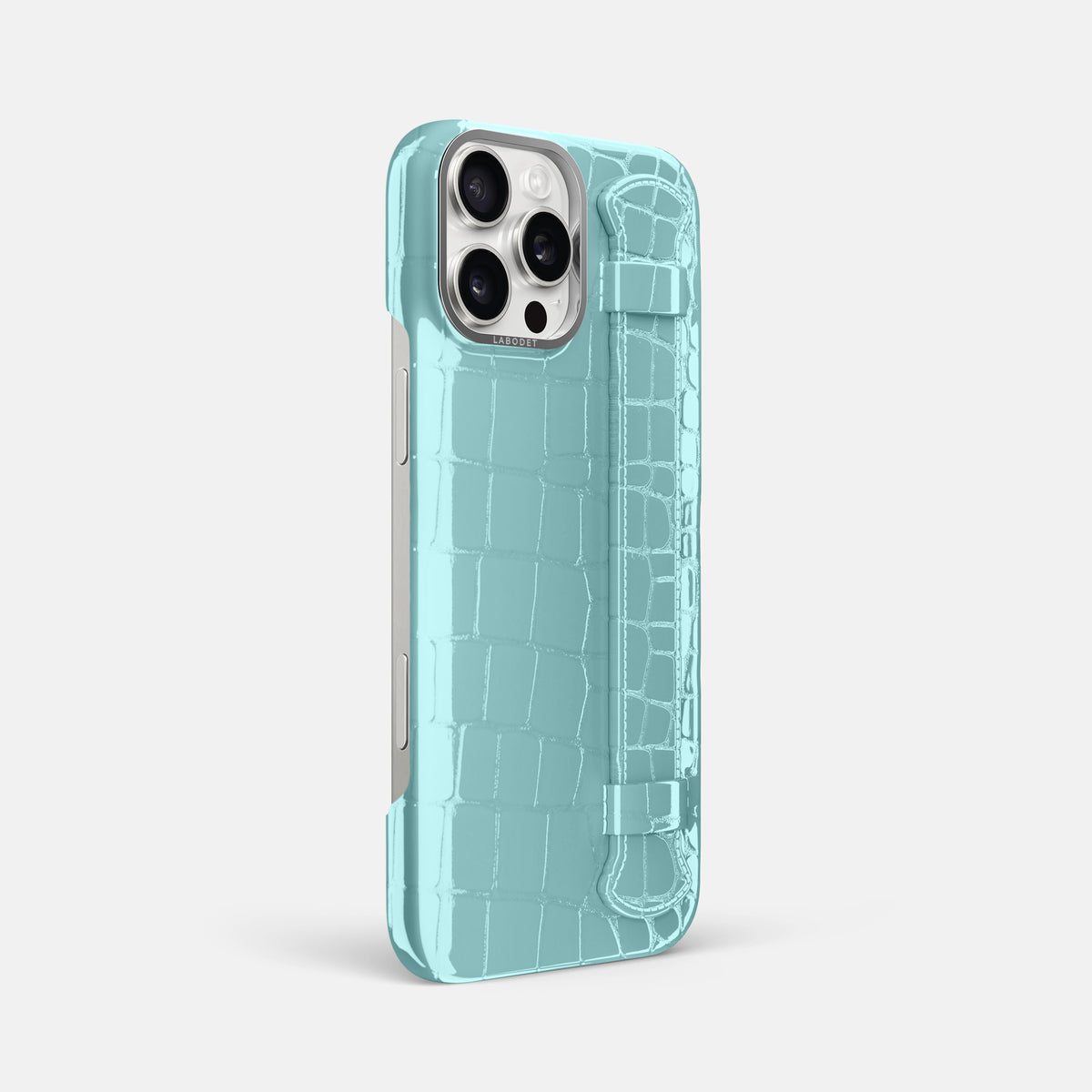 Light Blue iPhone 16 Pro Max Handle Case Shiny Alligator with Steel Metal -2 | Light-Blue-Steel