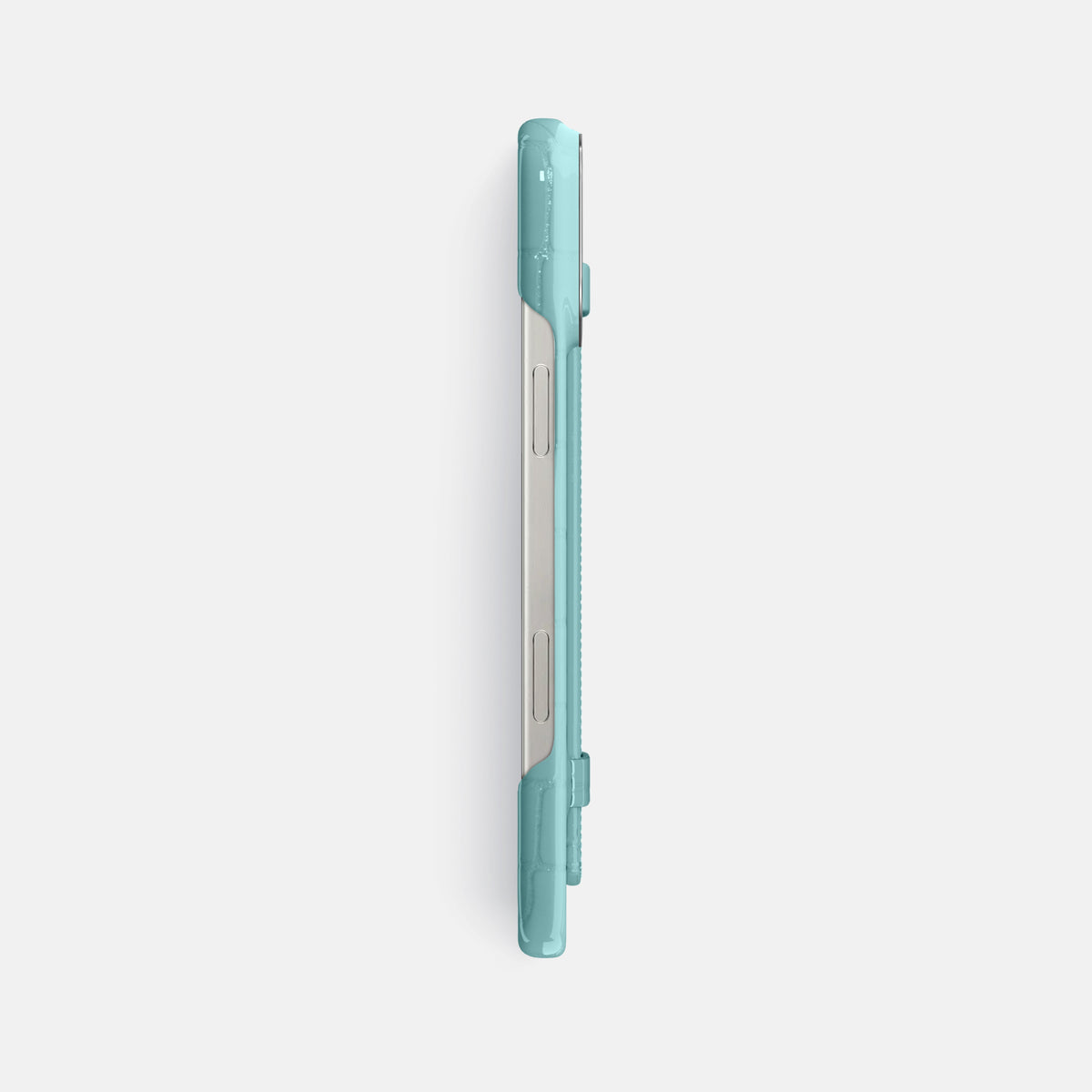 Light Blue iPhone 16 Pro Max Handle Case Shiny Alligator with Steel Metal -3 | Light-Blue-Steel