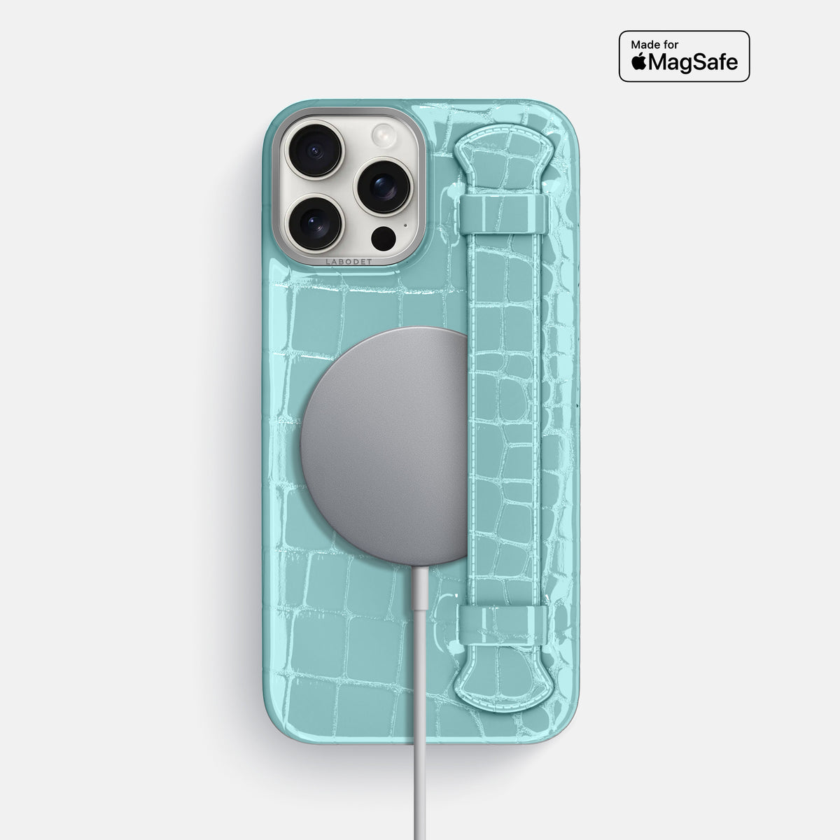 Light Blue iPhone 16 Pro Max Handle Case Shiny Alligator with Steel Metal -5 | Light-Blue-Steel