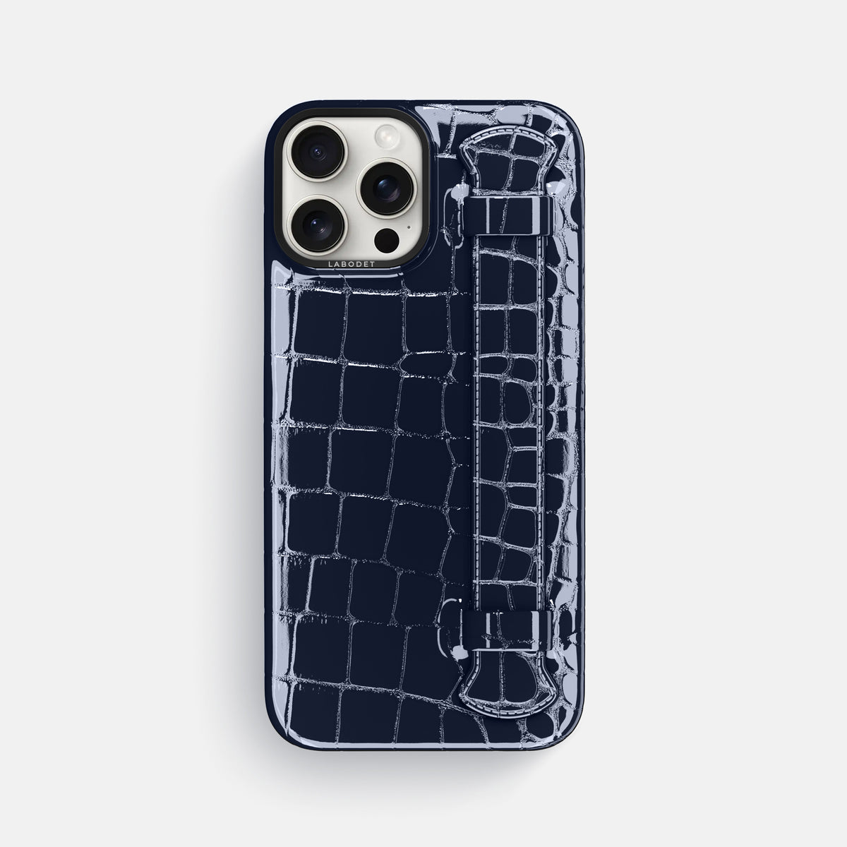 Navy-Blue iPhone 16 Pro Max Handle Case Shiny Alligator with Black Metal -1 | Navy-Blue-Black