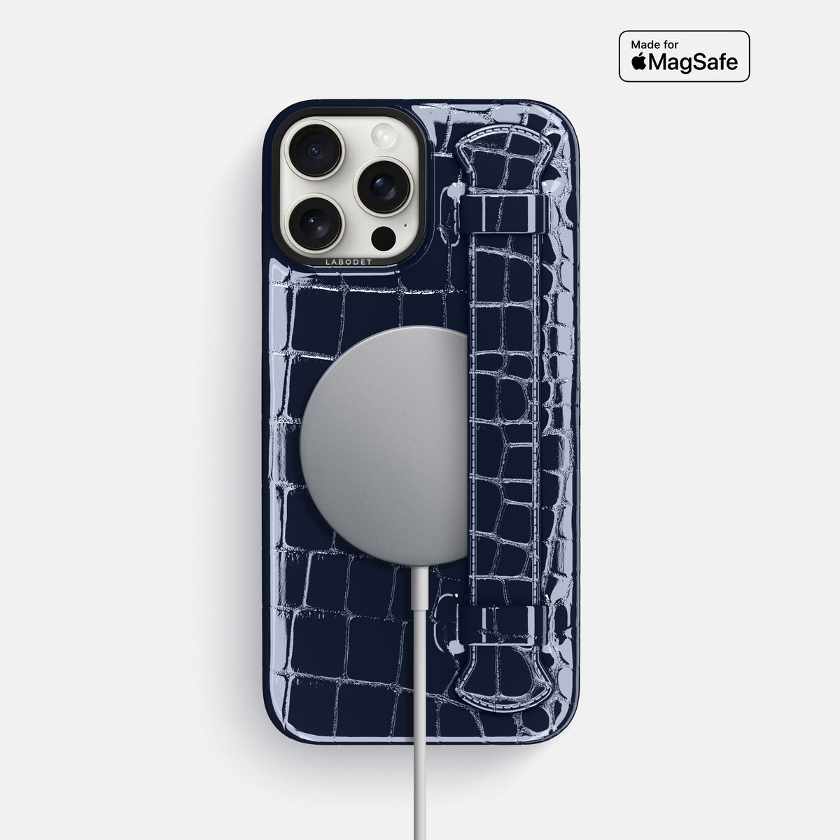 Navy-Blue iPhone 16 Pro Max Handle Case Shiny Alligator with Black Metal -5 | Navy-Blue-Black