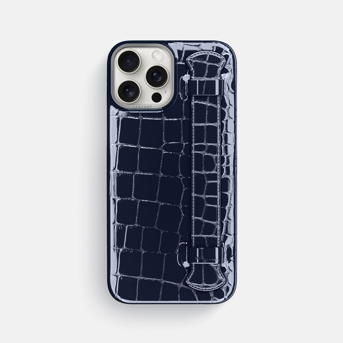 Navy-Blue iPhone 16 Pro Max Handle Case Shiny Alligator with Steel Metal -1 | Navy-Blue-Steel