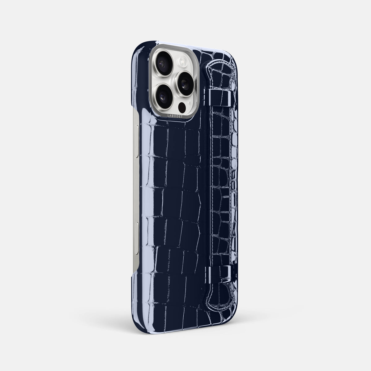 Navy-Blue iPhone 16 Pro Max Handle Case Shiny Alligator with Steel Metal -2 | Navy-Blue-Steel