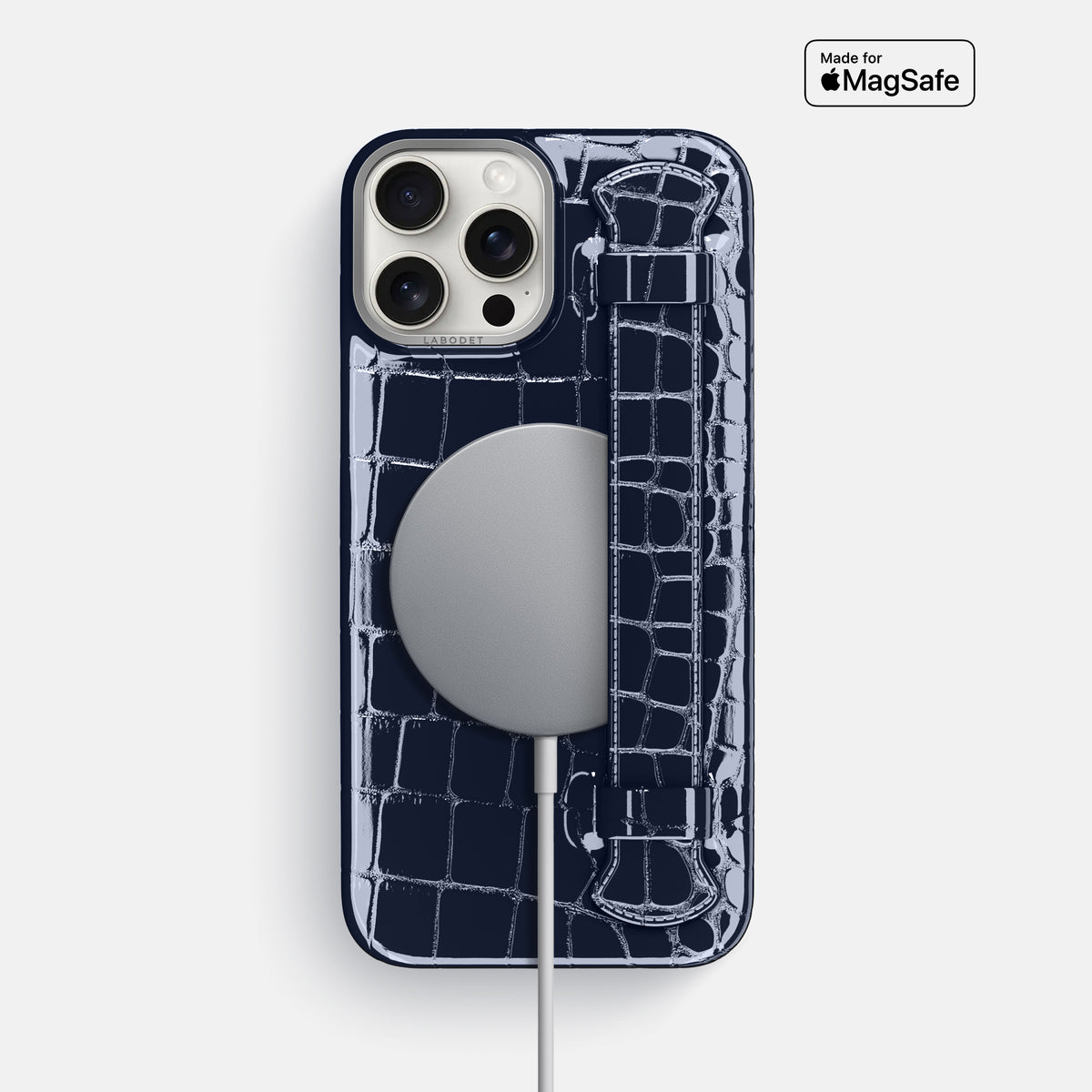 Navy-Blue iPhone 16 Pro Max Handle Case Shiny Alligator with Steel Metal -5 | Navy-Blue-Steel