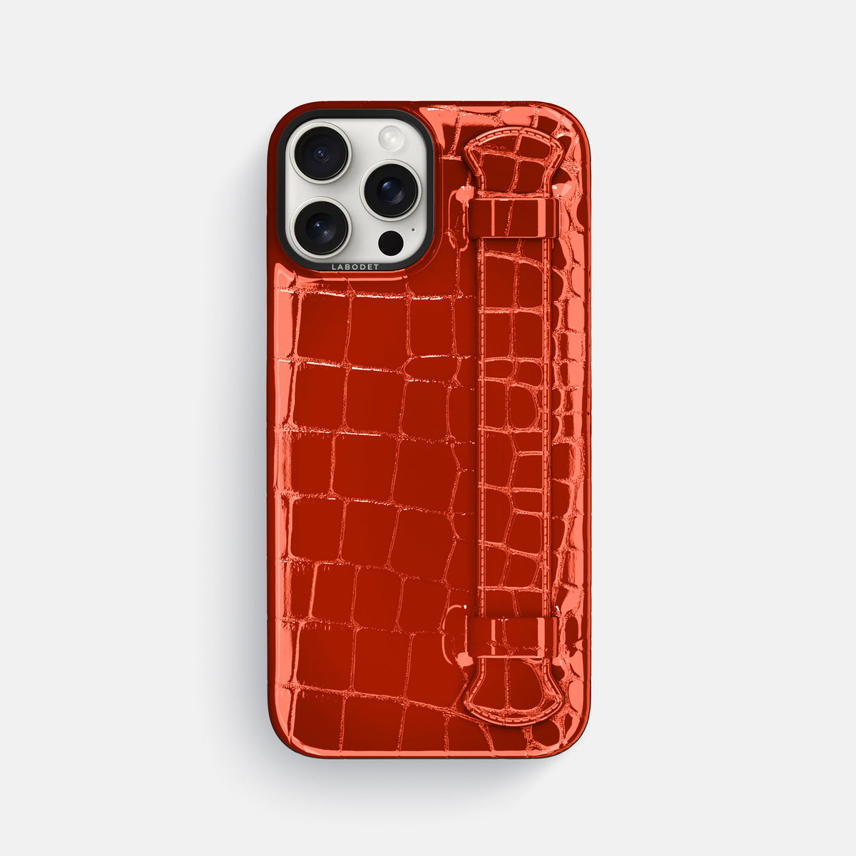 Orange iPhone 16 Pro Max Handle Case Shiny Alligator with Black Metal -1 | Orange-Black