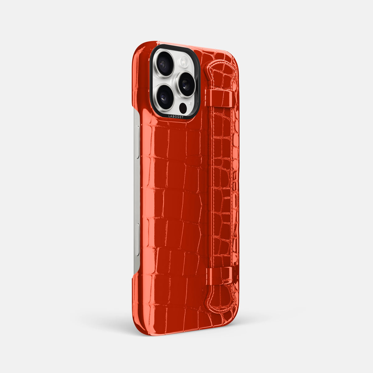Orange iPhone 16 Pro Max Handle Case Shiny Alligator with Black Metal -2 | Orange-Black