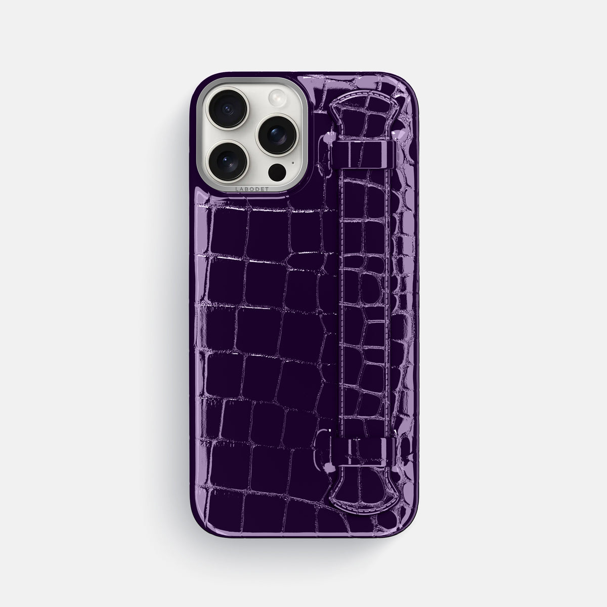Purple iPhone 16 Pro Max Handle Case Shiny Alligator with Steel Metal -1 | Purple-Steel