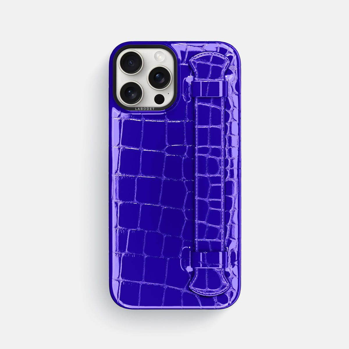 Royal Blue iPhone 16 Pro Max Handle Case Shiny Alligator with Black Metal -1 | Royal-Blue-Black