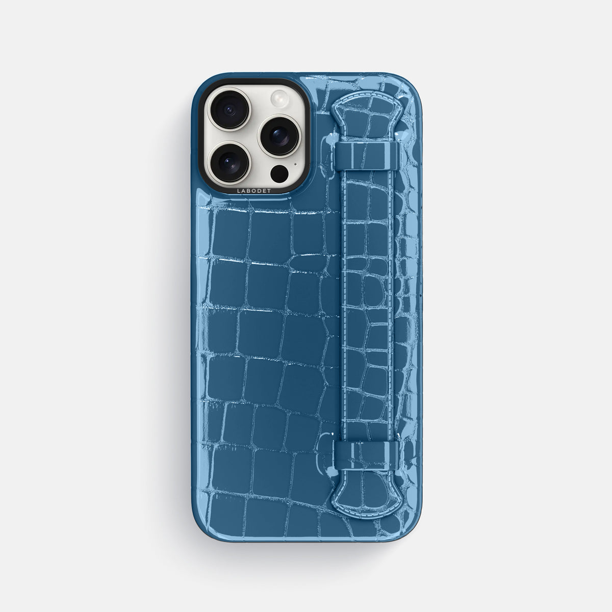 turqoise-blue iPhone 16 Pro Max Handle Case Shiny Alligator with Black Metal -1 | turqoise-blue-Black