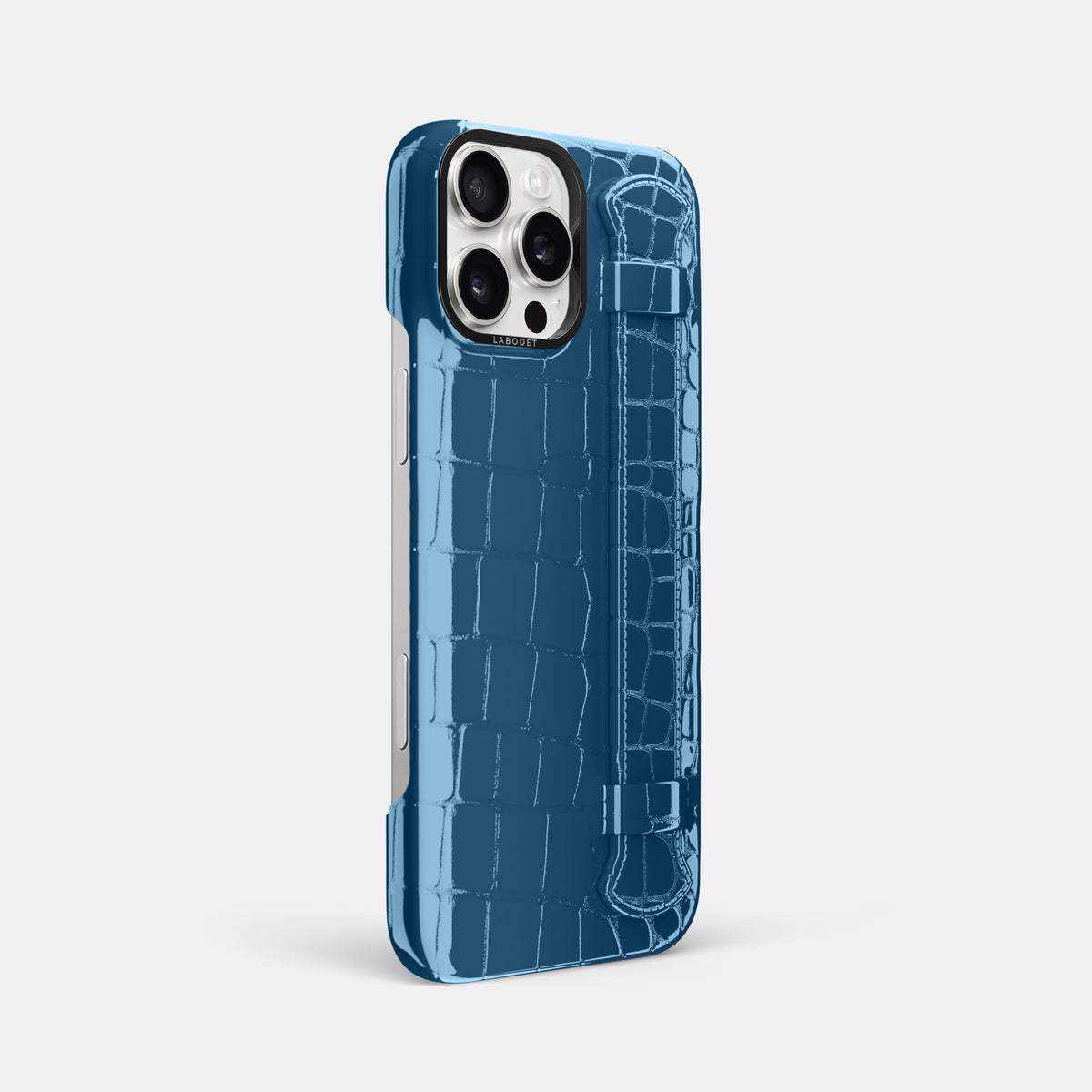 turqoise-blue iPhone 16 Pro Max Handle Case Shiny Alligator with Black Metal -2 | turqoise-blue-Black