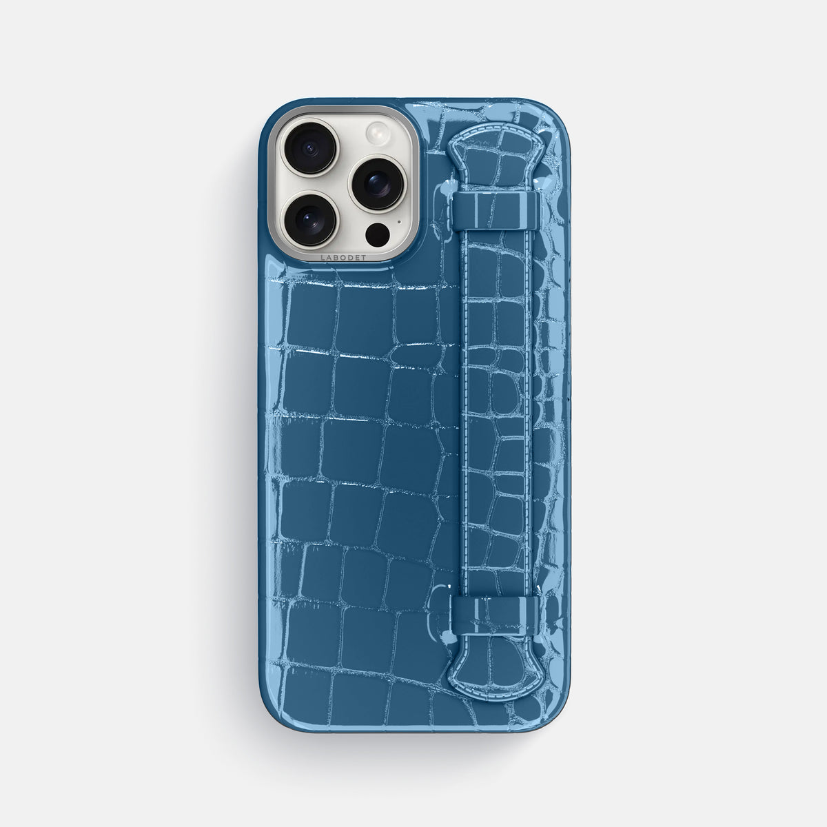 turqoise-blue iPhone 16 Pro Max Handle Case Shiny Alligator with Steel Metal -1 | turqoise-blue-Steel
