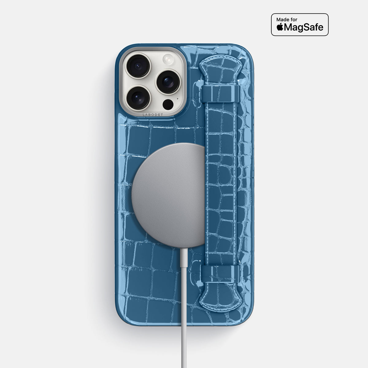 turqoise-blue iPhone 16 Pro Max Handle Case Shiny Alligator with Steel Metal -5 | turqoise-blue-Steel