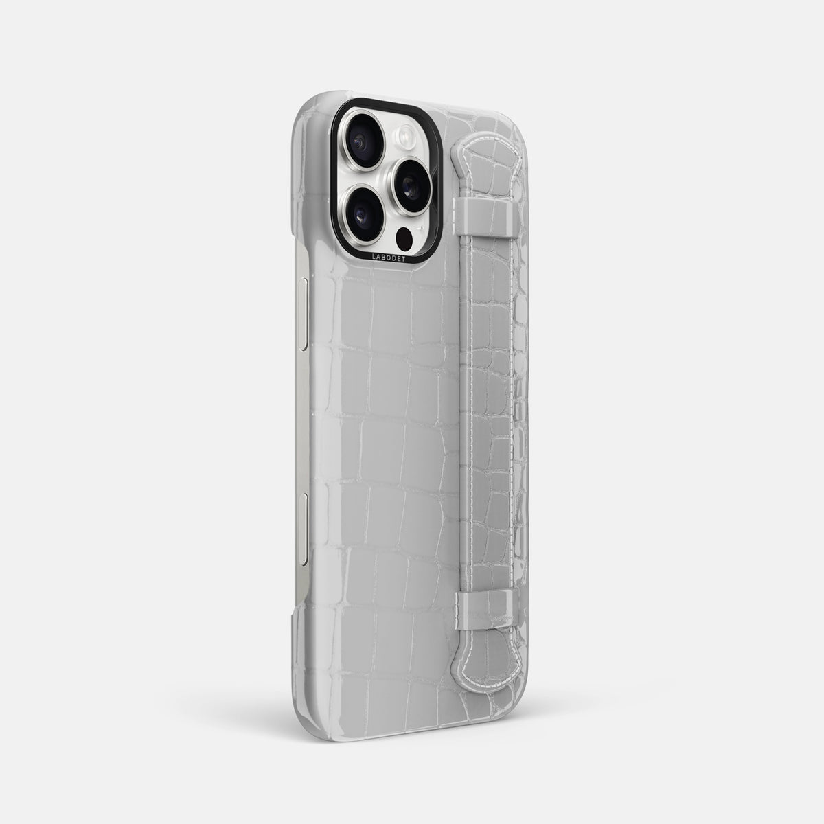 White iPhone 16 Pro Max Handle Case Shiny Alligator with Black Metal -2 | White-Black