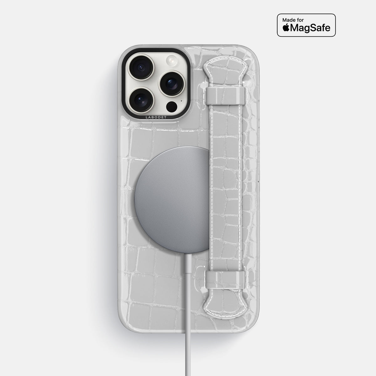 White iPhone 16 Pro Max Handle Case Shiny Alligator with Black Metal -5 | White-Black