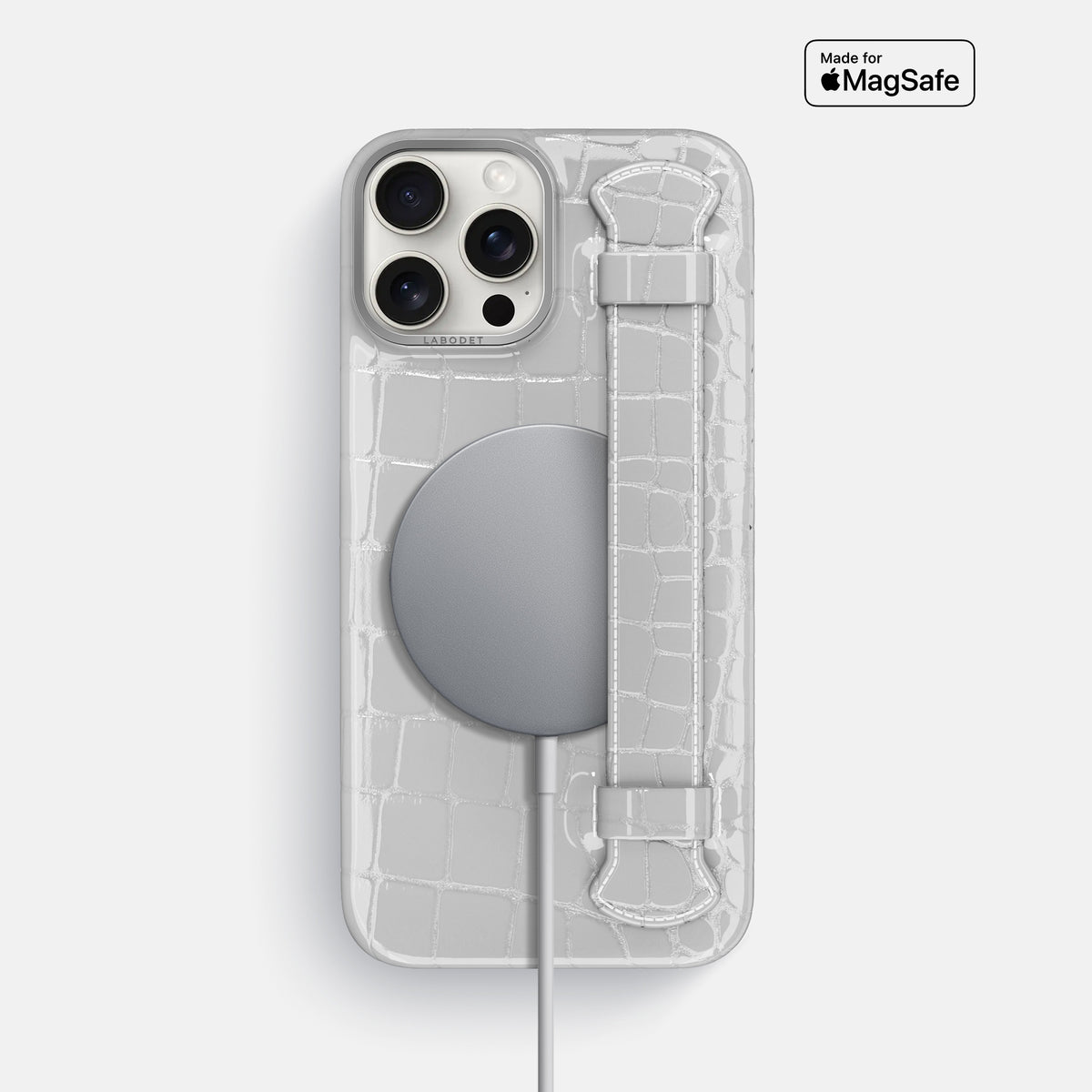 White iPhone 16 Pro Max Handle Case Shiny Alligator with Steel Metal -5 | White-Steel