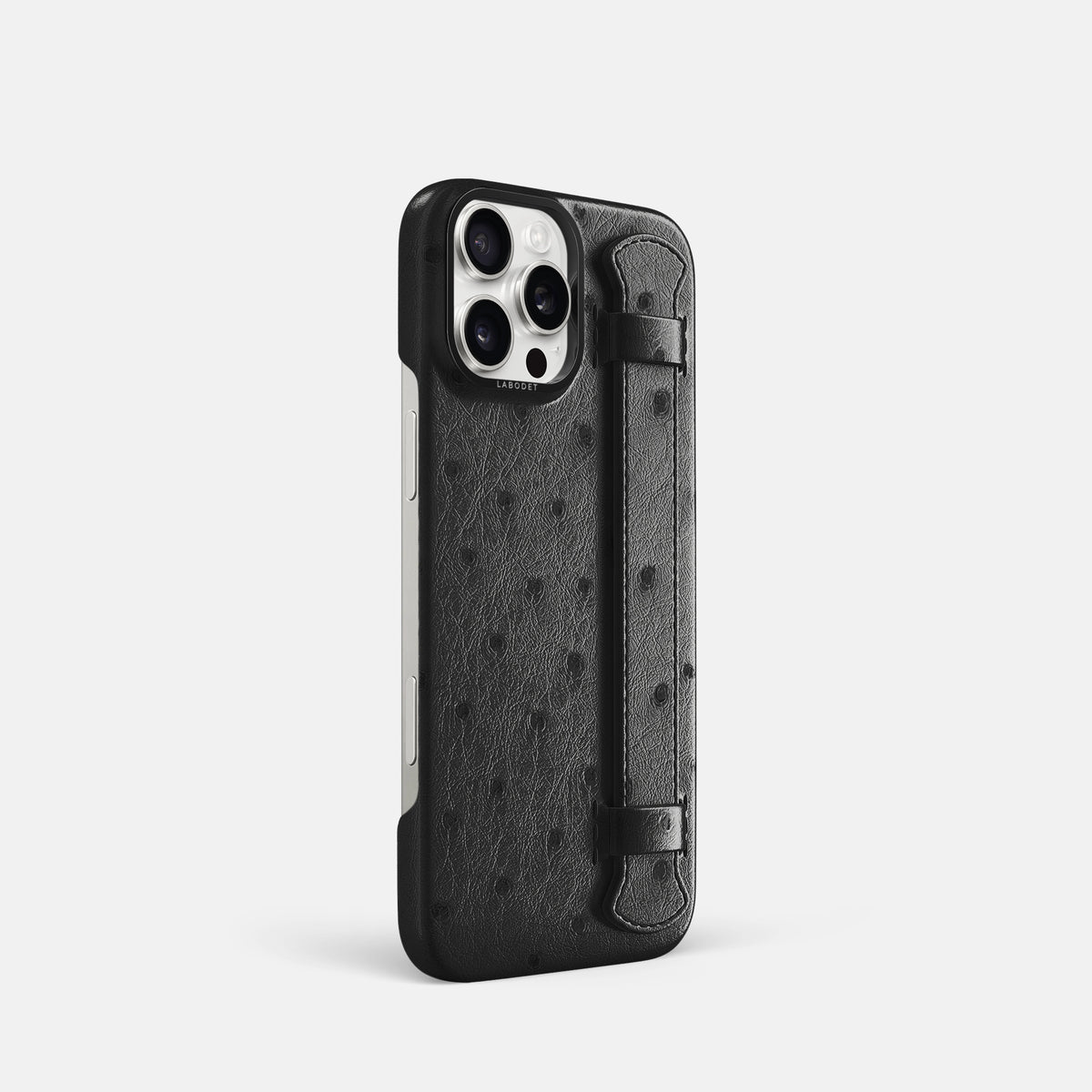 Black iPhone 16 Pro Handle Case Ostrich with Black Metal -2 | Black-Black