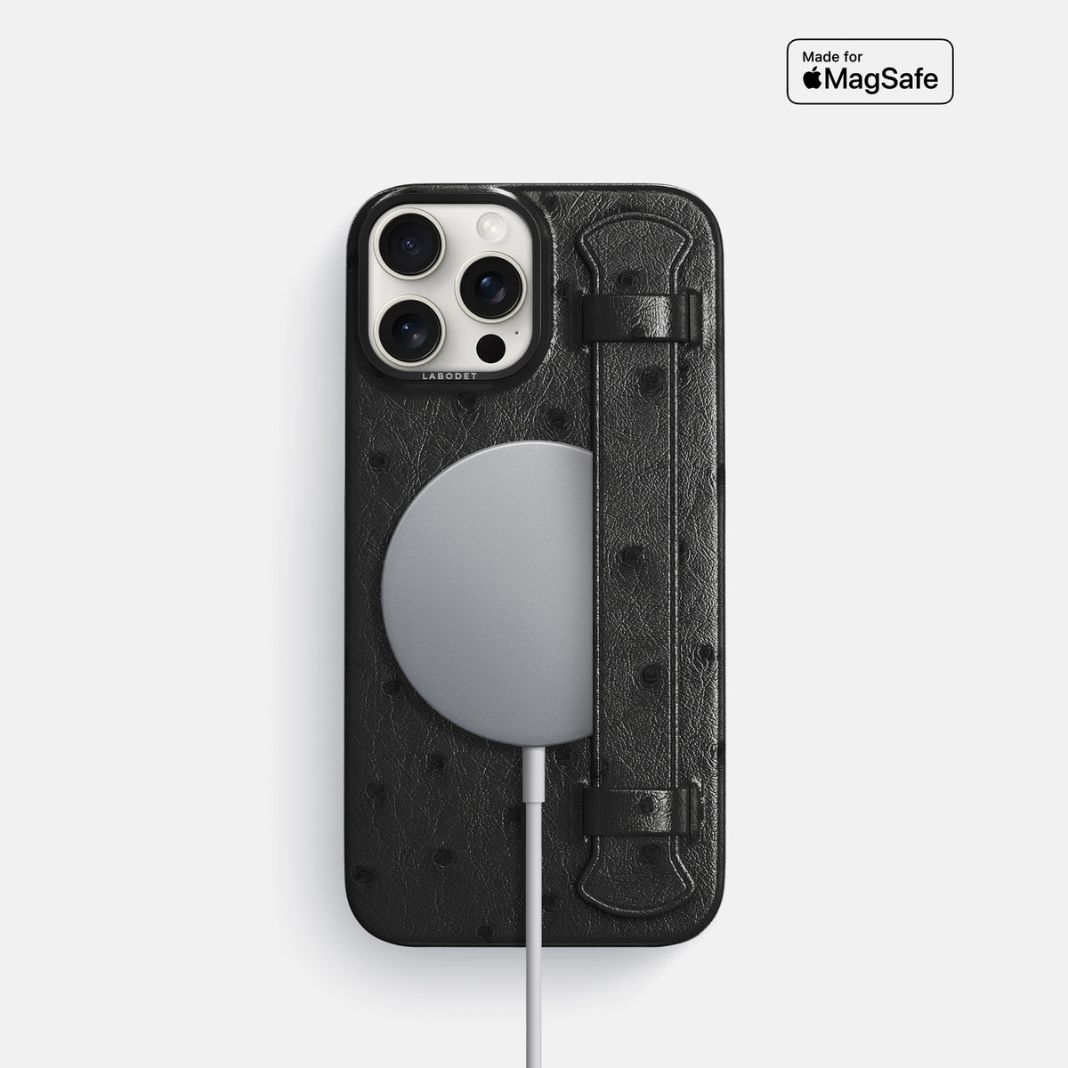 Black iPhone 16 Pro Handle Case Ostrich with Black Metal -5 | Black-Black