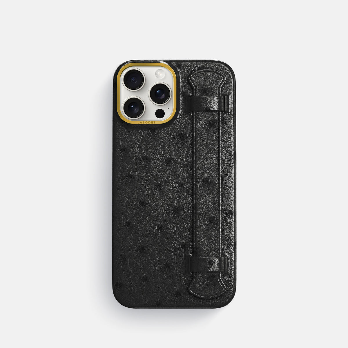Black iPhone 16 Pro Handle Case Ostrich with Gold Metal -1 | Black-Gold