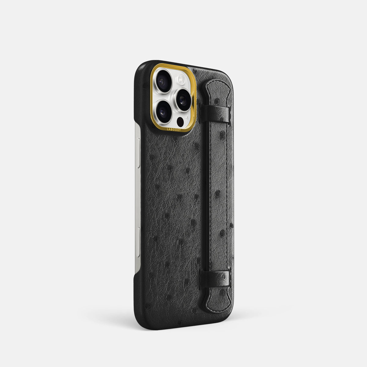 Black iPhone 16 Pro Handle Case Ostrich with Gold Metal -2 | Black-Gold