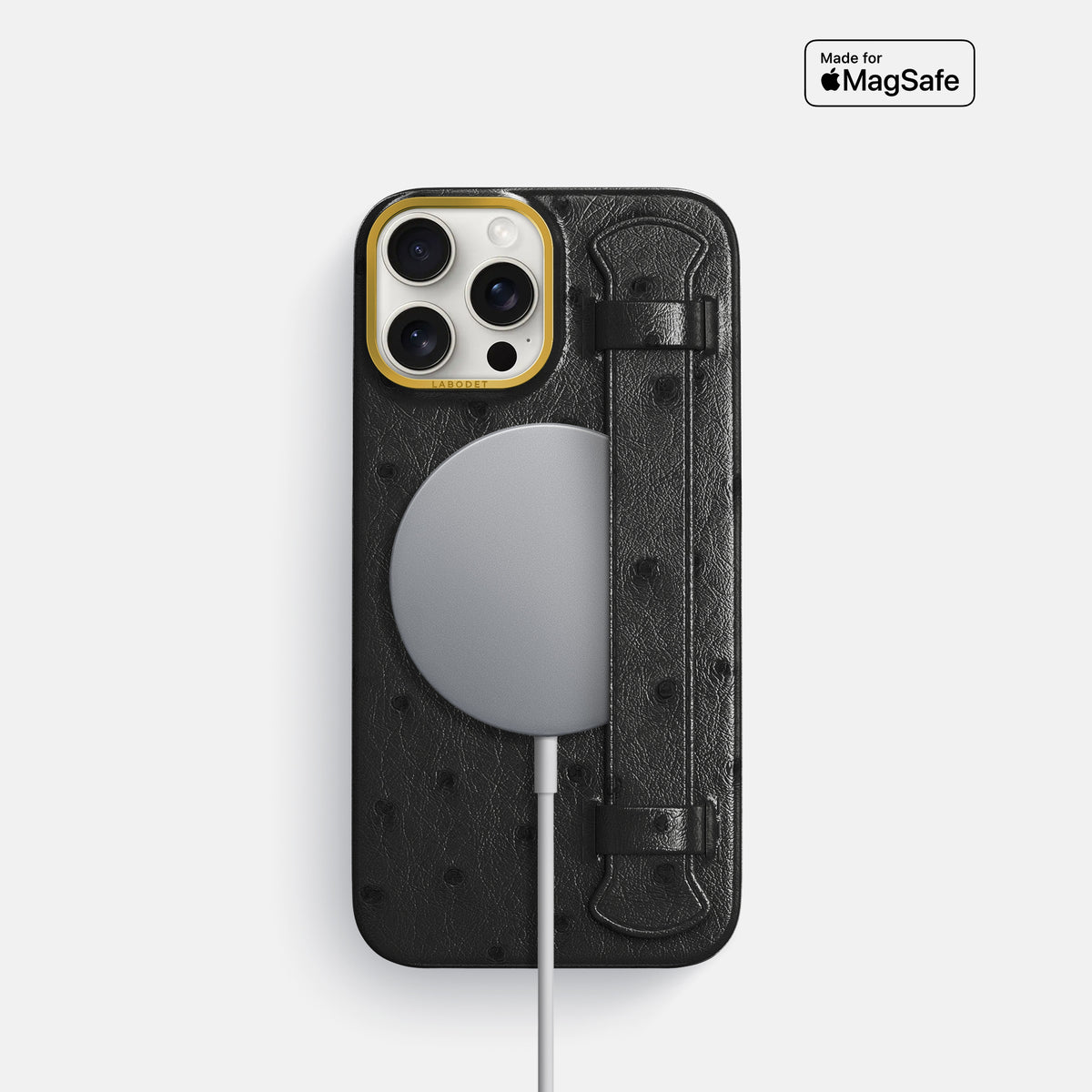 Black iPhone 16 Pro Handle Case Ostrich with Gold Metal -5 | Black-Gold