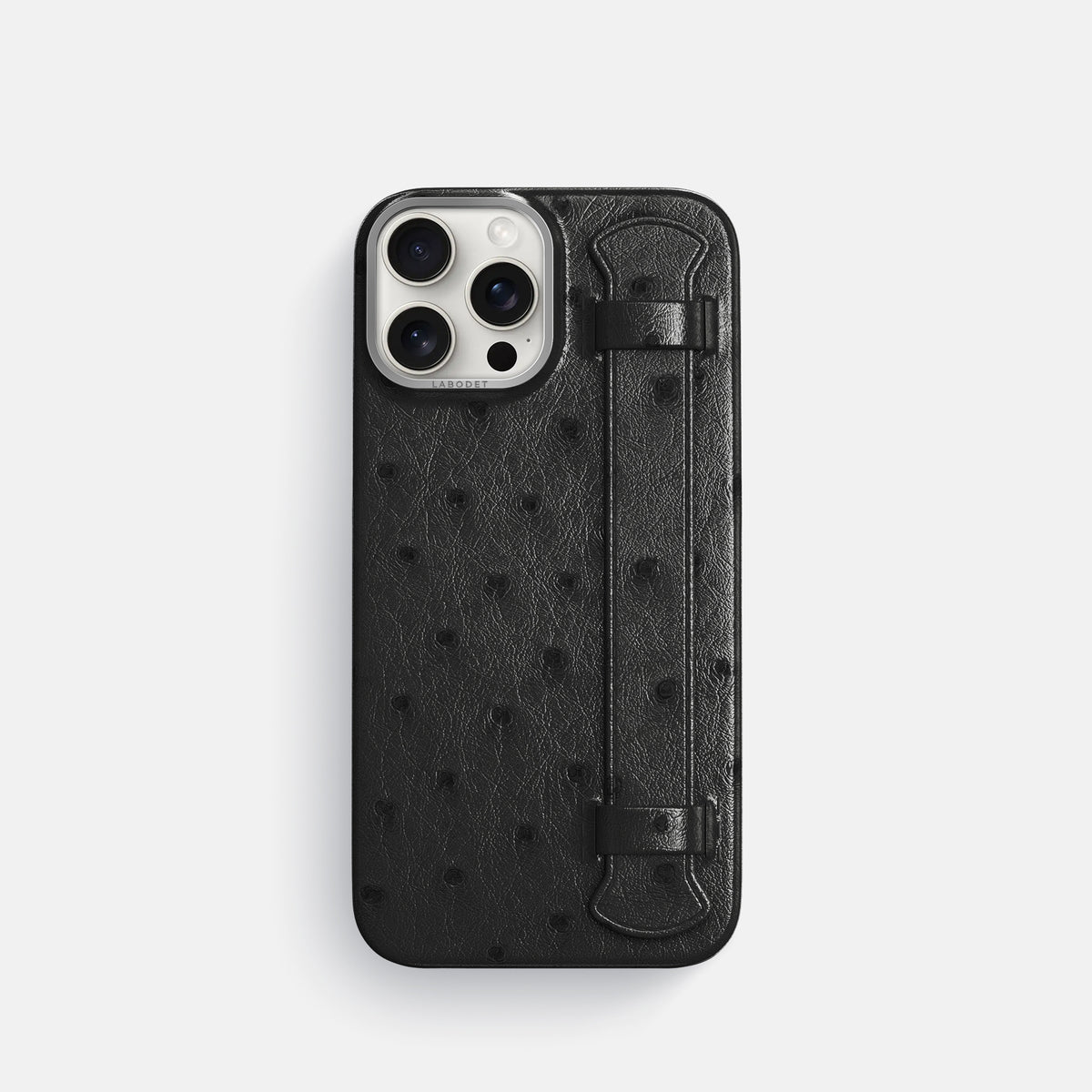 Black iPhone 16 Pro Handle Case Ostrich with Steel Metal -1 | Black-Steel
