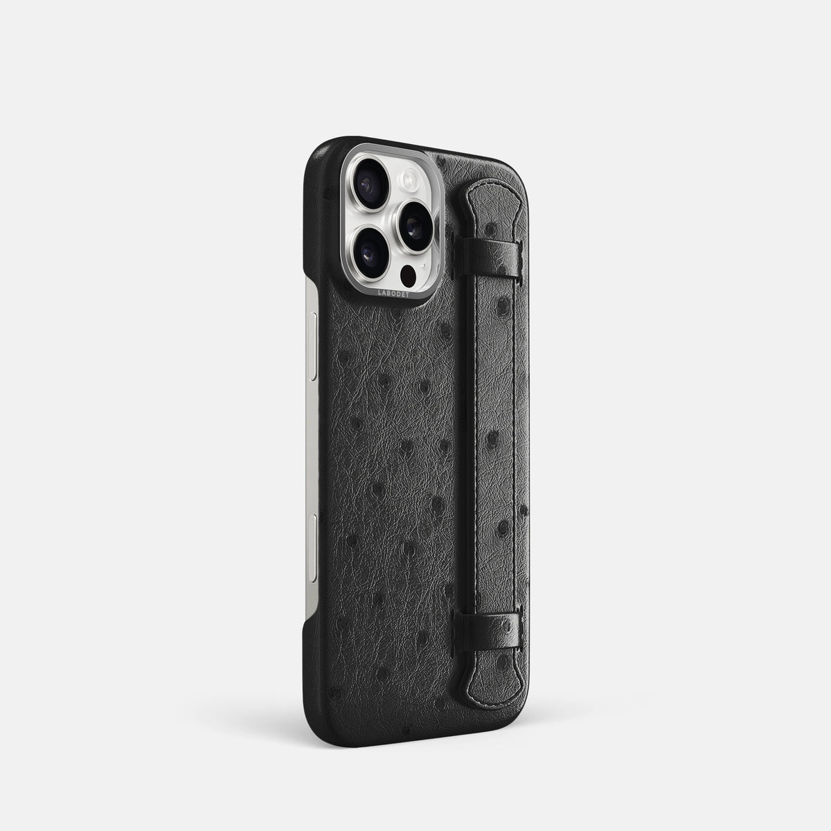 Black iPhone 16 Pro Handle Case Ostrich with Steel Metal -2 | Black-Steel