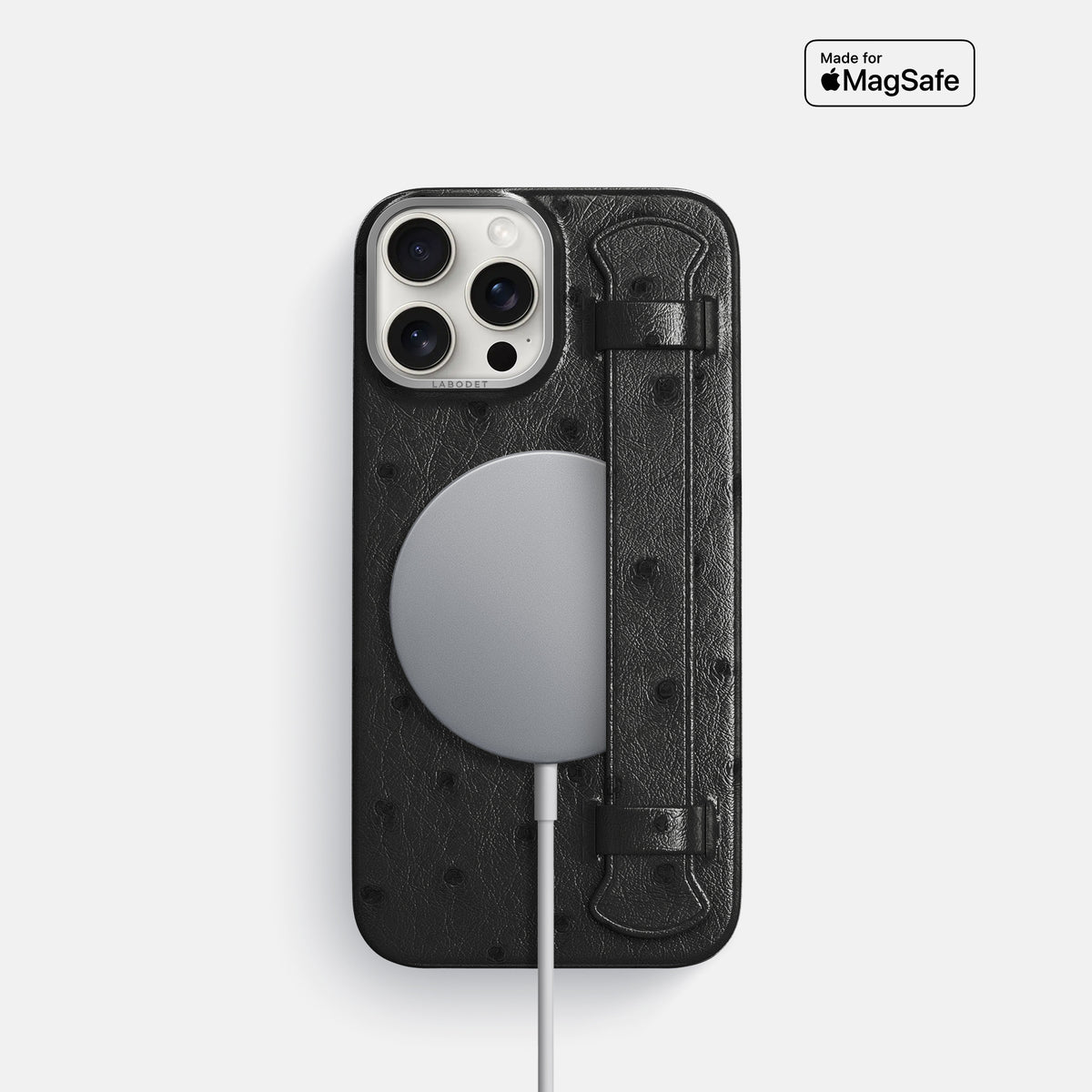 Black iPhone 16 Pro Handle Case Ostrich with Steel Metal -5 | Black-Steel