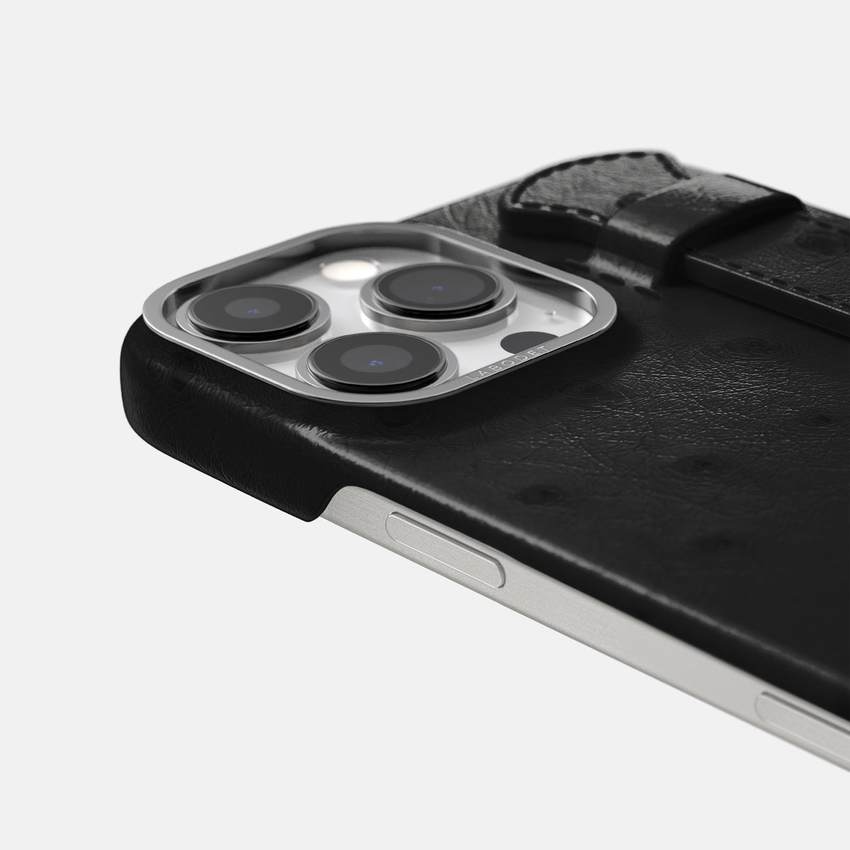 Black iPhone 16 Pro Handle Case Ostrich with Steel Metal -6 | Black-Steel