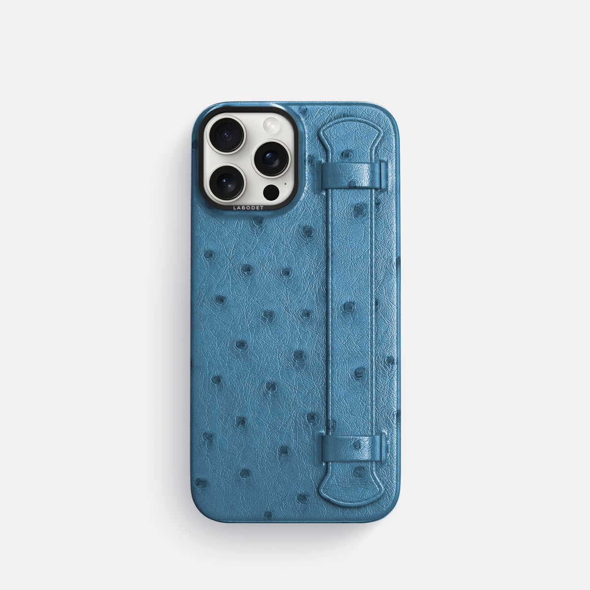 Blue-Jeans iPhone 16 Pro Handle Case Ostrich with Black Metal -1 | Blue-Jeans-Black