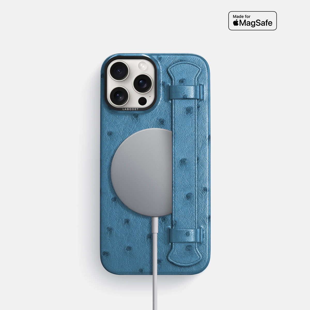 Blue-Jeans iPhone 16 Pro Handle Case Ostrich with Black Metal -5 | Blue-Jeans-Black